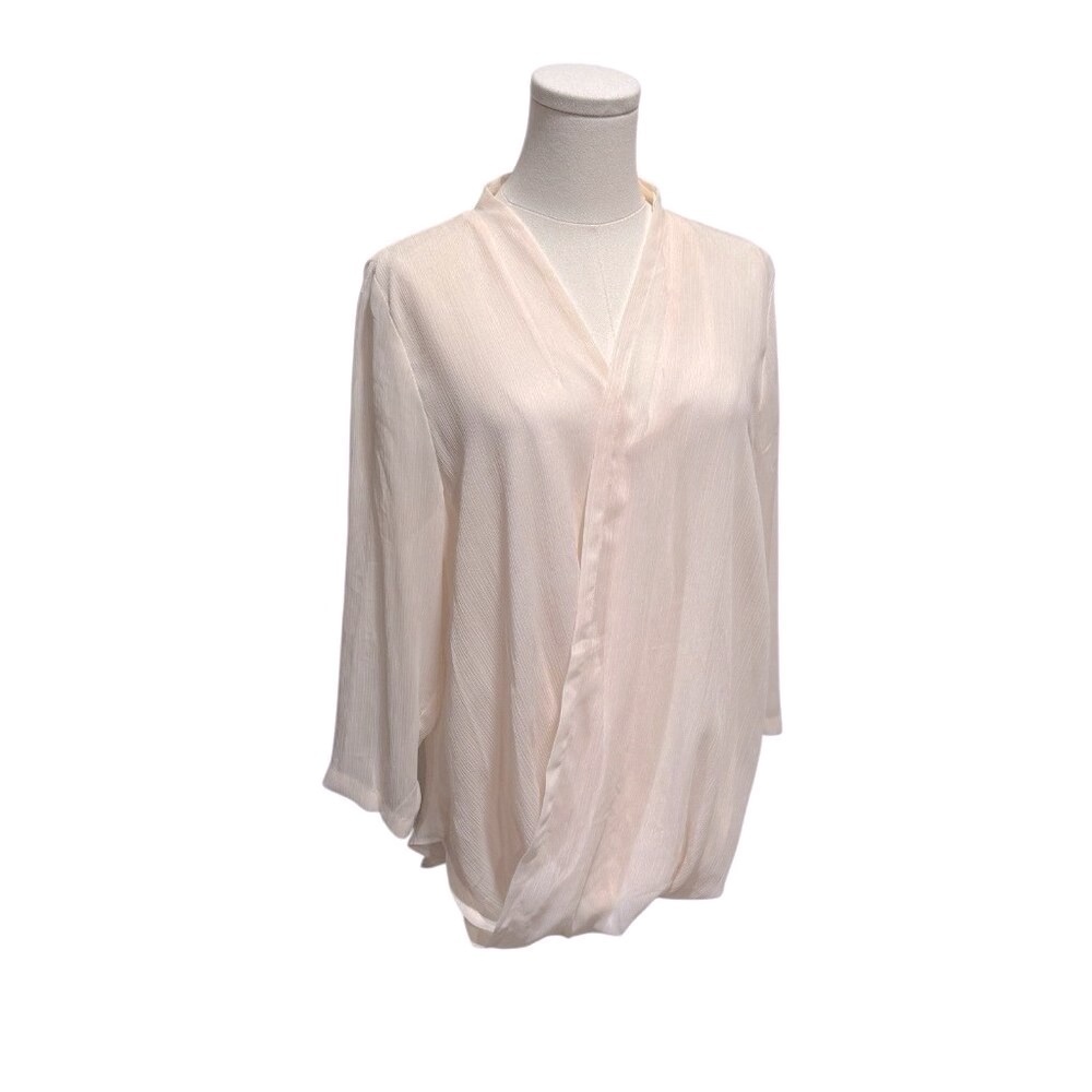 Banana Republic Womens Medium Bubble Hem Top Pink V-neck Wrap Long Sleeve Sheer